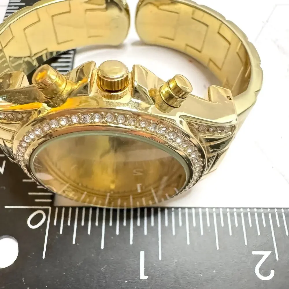 Vivani Ladies Watch Gold Tone Rhinestone Accutime 33mm Clamper Band New Battery